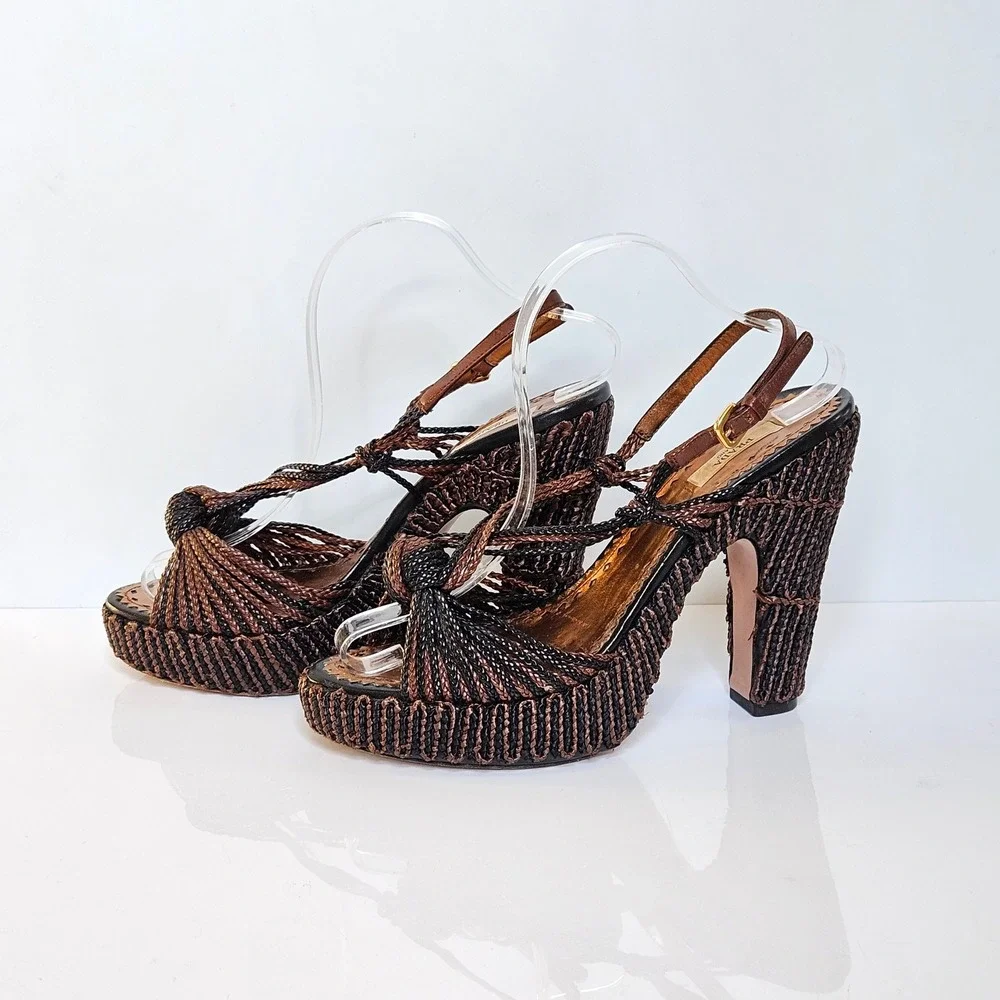 Prada Woven Bronze Metallic Platform Sandals Block Heel Knotted Raffia 40.5 IT